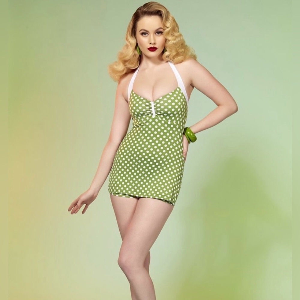 Pinup Couture PUG Bettie Retro Swimsuit Swim dress In Olive/White Size 2XL NWT